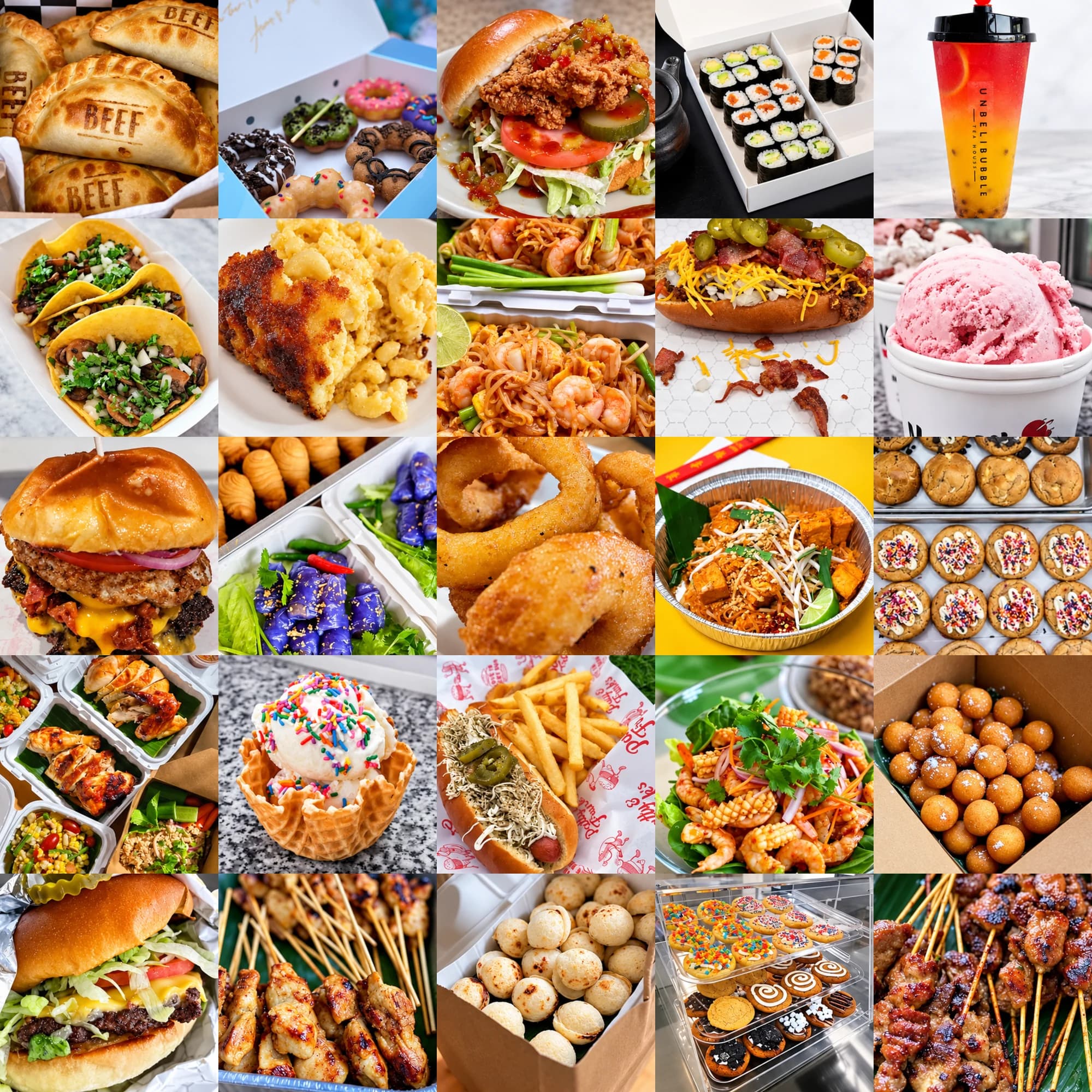 A collage of dishes and drinks served by the independent kitchens at Chattahoochee Food Works
