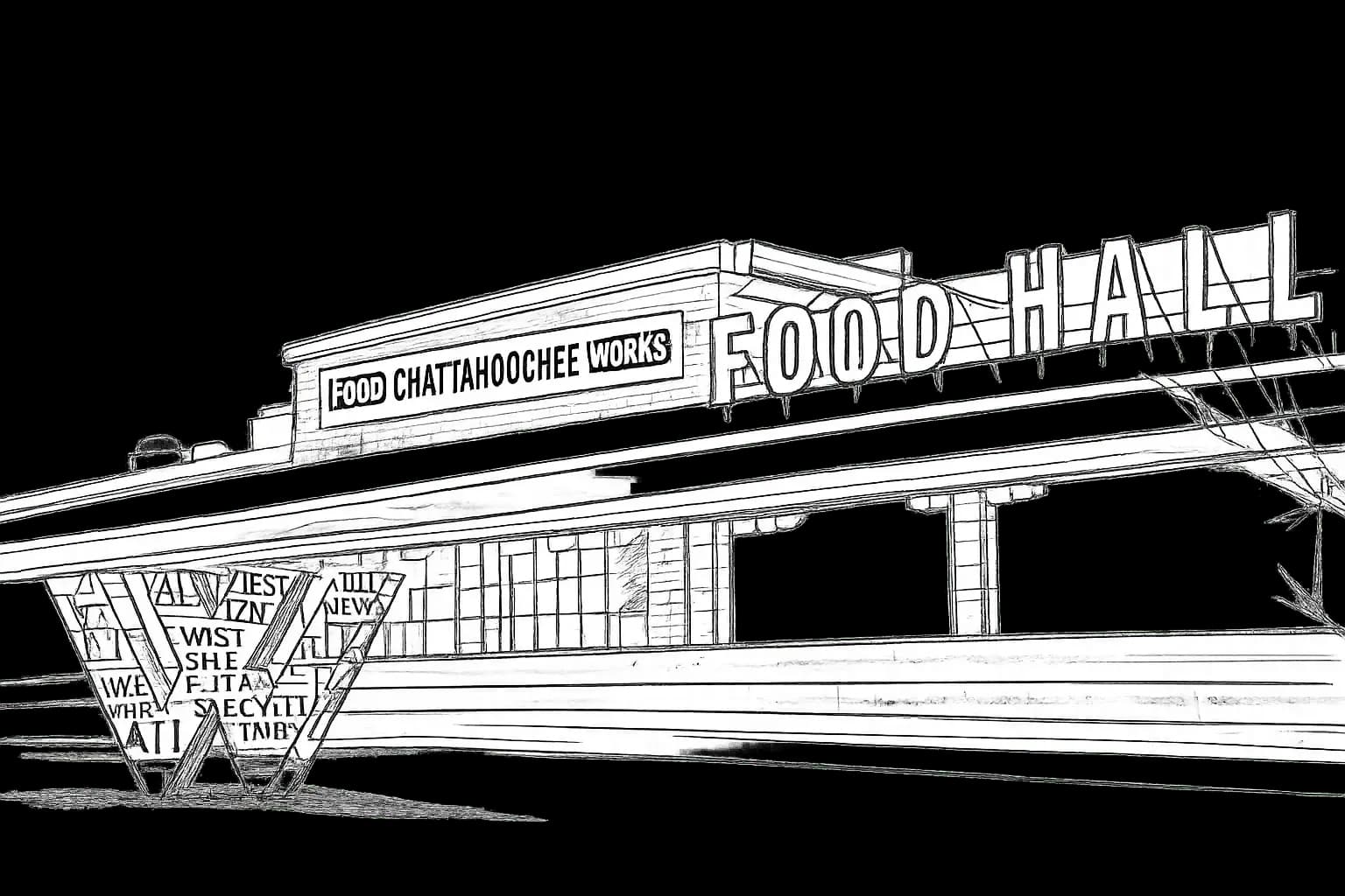 Architectural line drawing of the exterior of Chattahoochee Food Works
