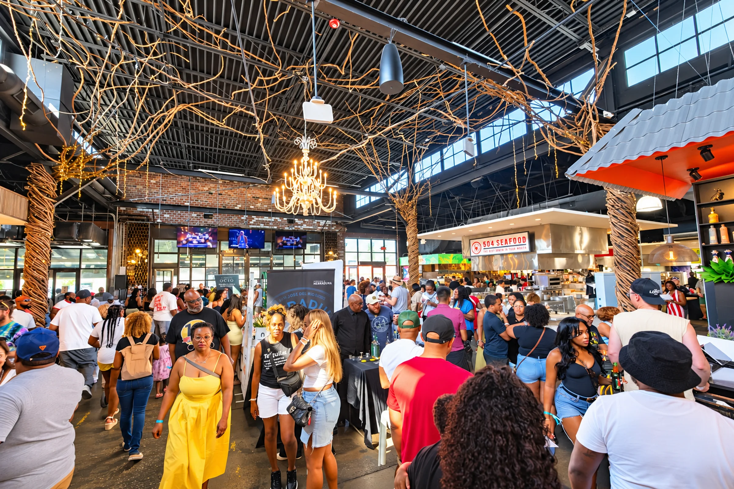 A packed crowd inside the Chattahoochee Food Works hall by the 504 Seafood stall